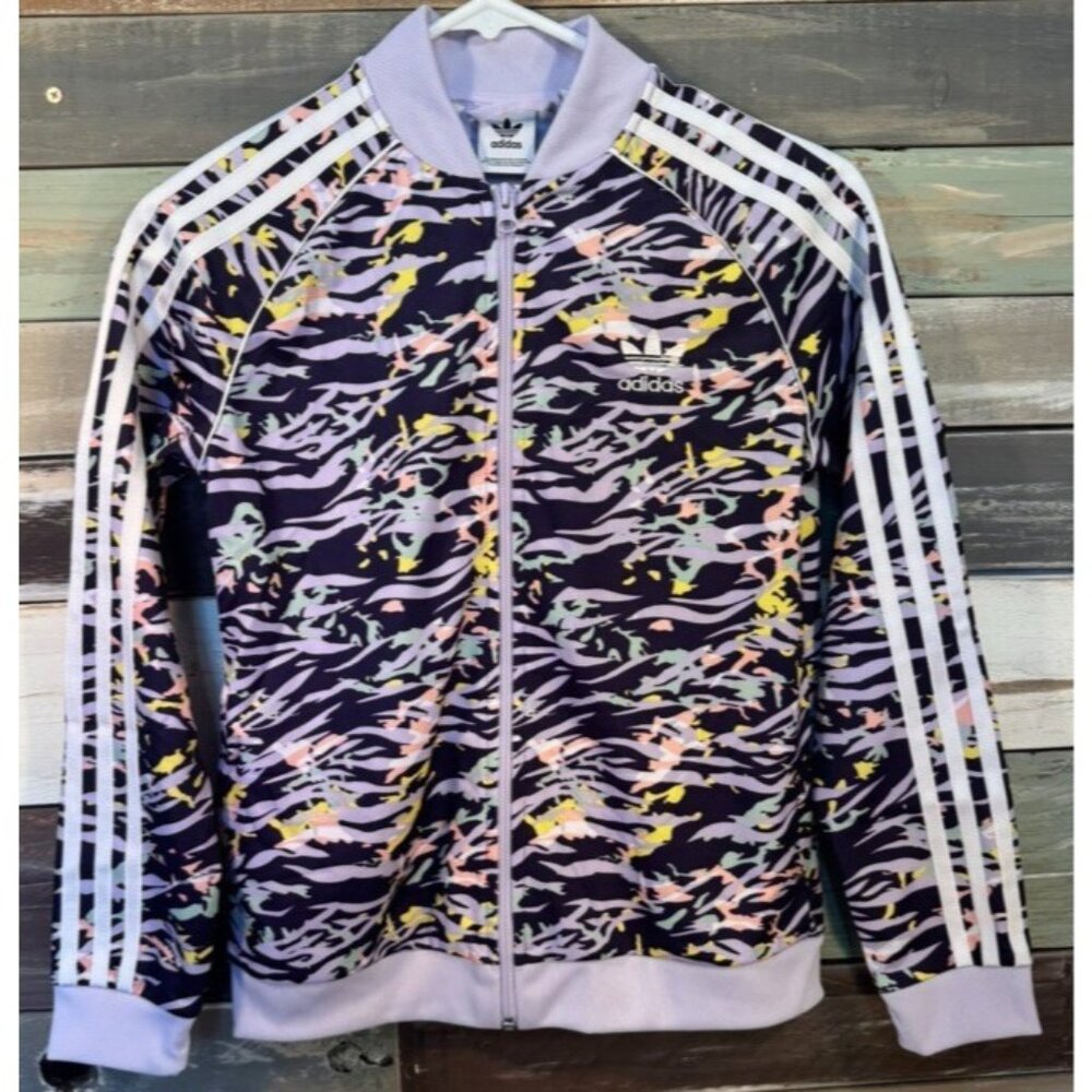 Adidas Girls Purple Animal Zebra Print Zip Track Jacket M (11-12) USED